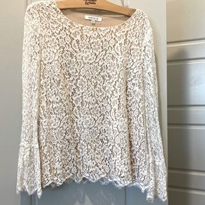 Long sleeve all white lace top. Lining underneath but sleeves lace only.